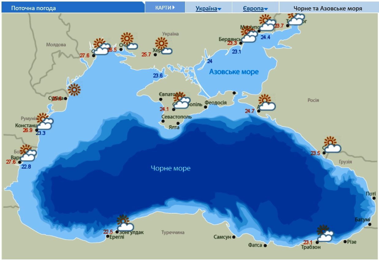 Карта воды черного моря теплой