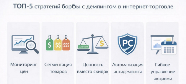 Инфографика: ТОП-5 стратегий борьбы с демпингом в интернет-торговле — мониторинг цен, сегментация товаров, ценность вместо скидок, автоматизация антидемпинга и управление акциями